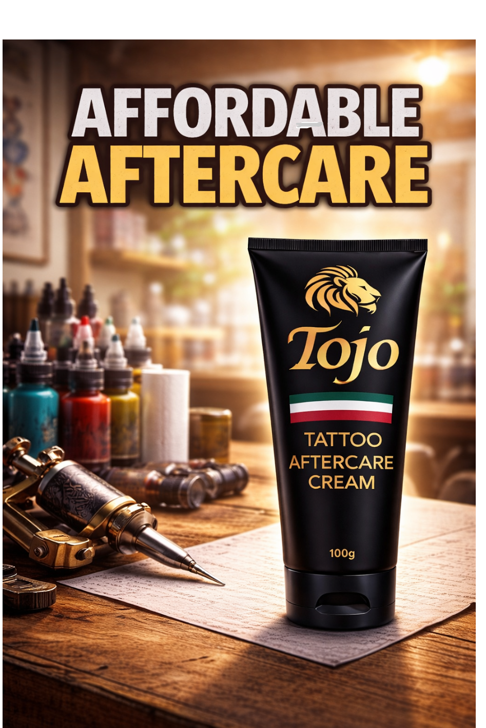 Tojo tattoo aftercare cream tube with tattoo equipment in the background